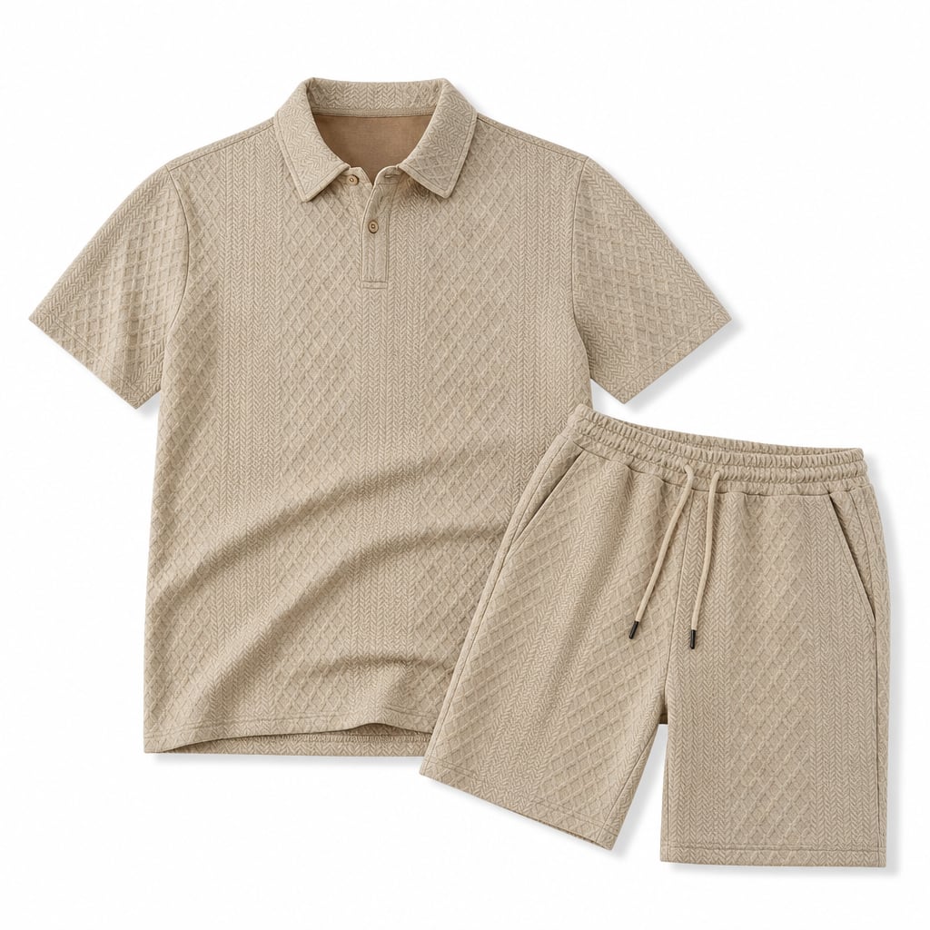 Mens Short Sleeve Knit Polo Set Geometric Pattern Drawstring Shorts Beige – Product Photo