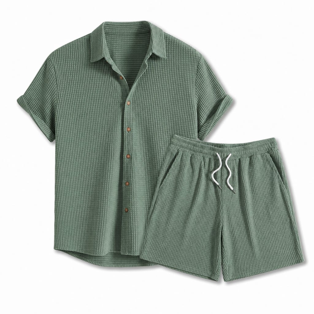 Mens Short Sleeve Waffle Knit Lounge Set Button Shirt Drawstring Shorts Green – Product Photo