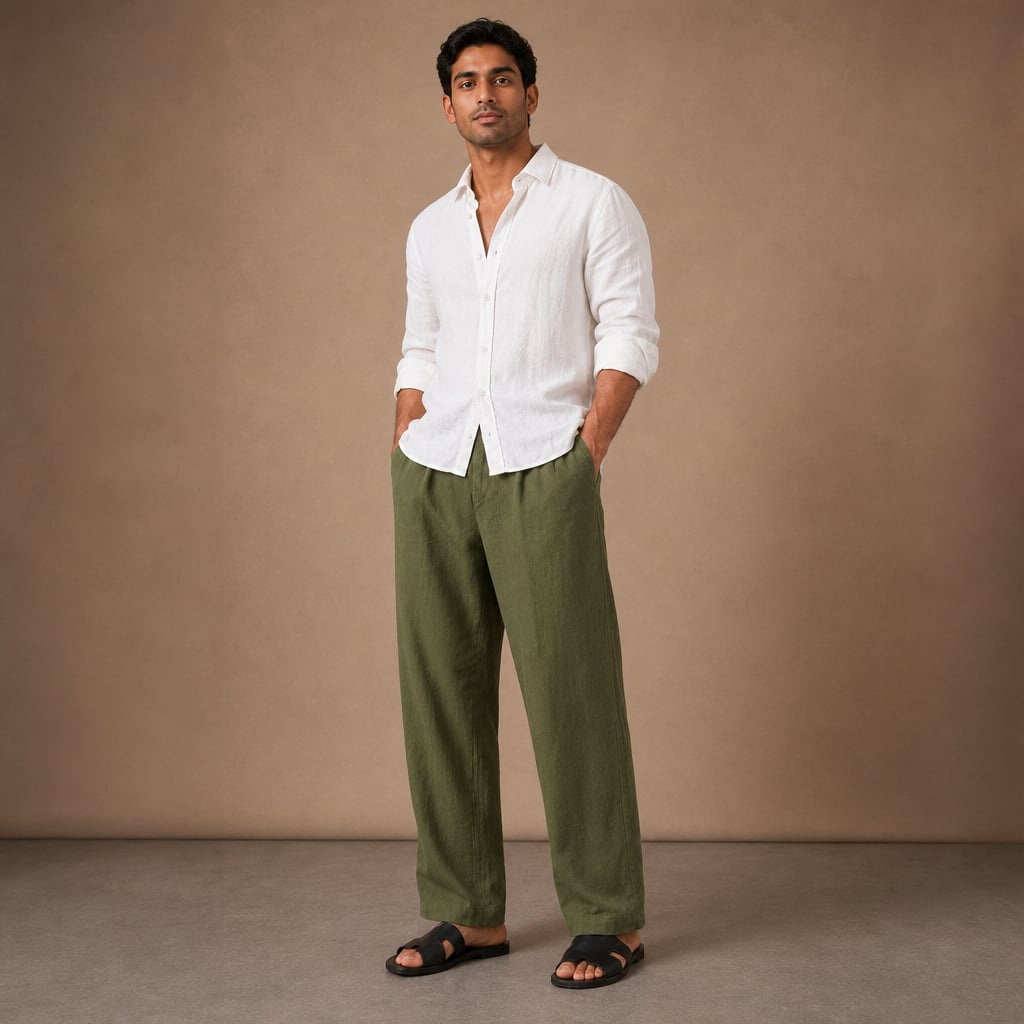 Mens Trouser Linen Cotton Relaxed Fit Summer Pants Green – Side Angle View