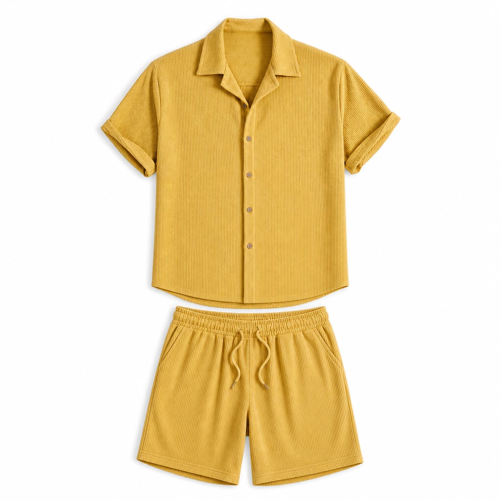 Men's Woven Camp Collar Shirt and Drawstring Shorts Set Yellow – Product Photo