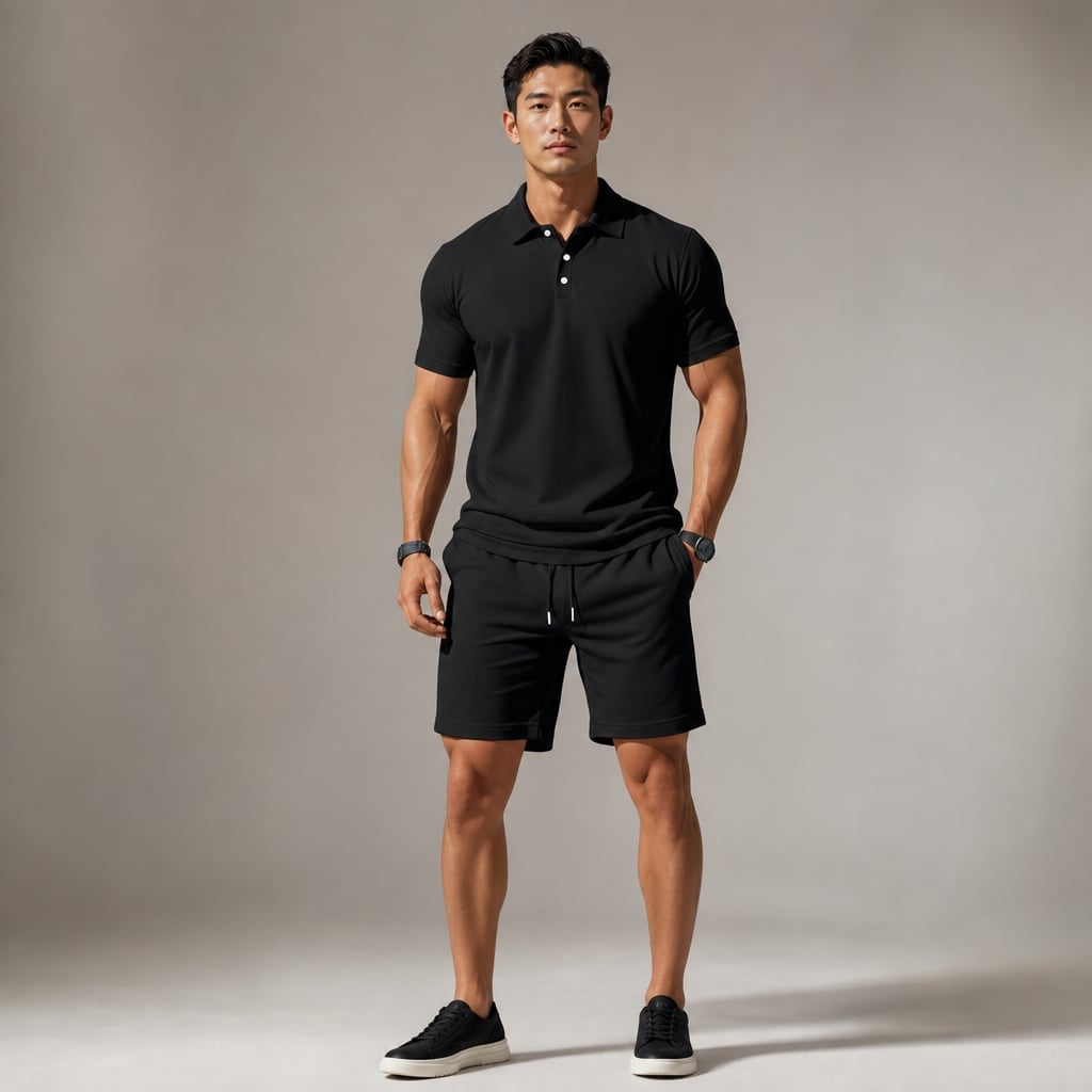 Polo Shirt & Drawstring Shorts Matching Set in Black Black – Product Photo