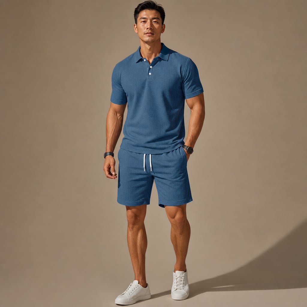 Polo Shirt & Drawstring Shorts Matching Set in Black Blue – Product Photo