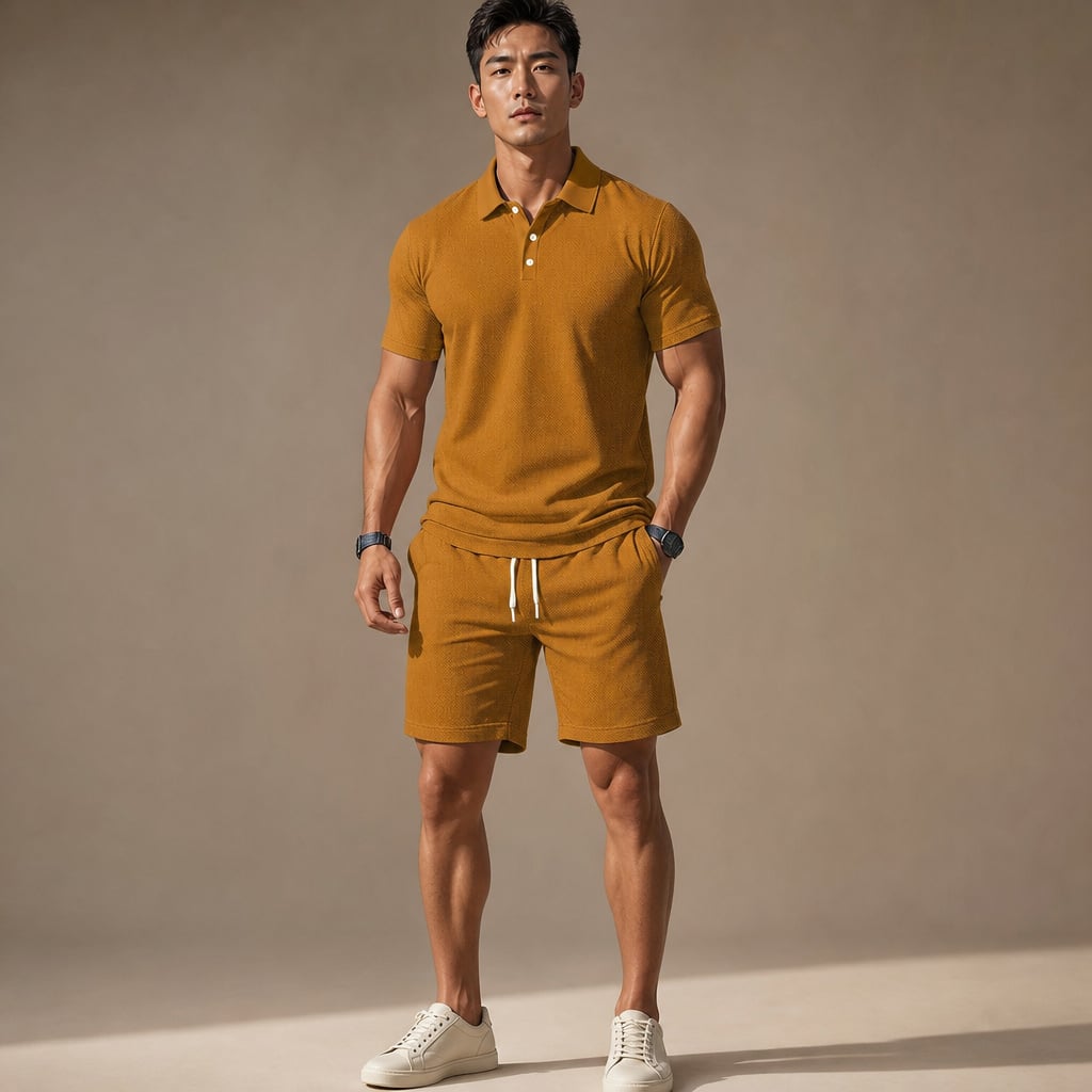 Polo Shirt & Drawstring Shorts Matching Set in Black Khaki – Product Photo