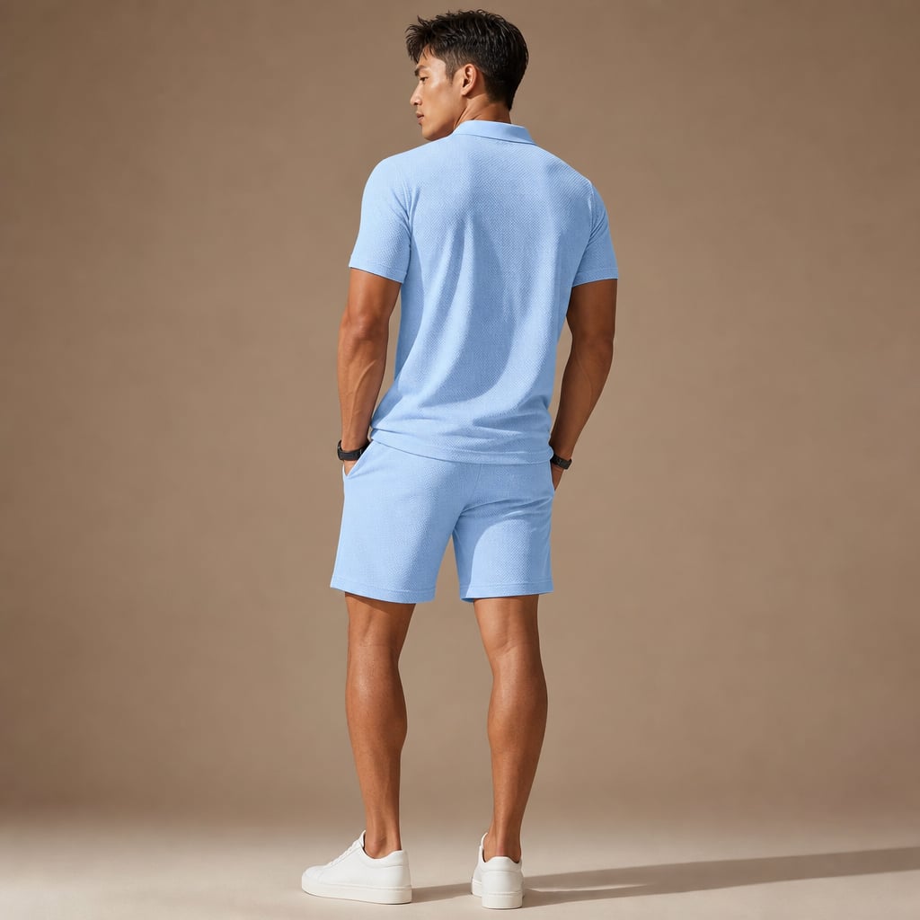 Polo Shirt & Drawstring Shorts Matching Set in Black Light Blue – Full Look