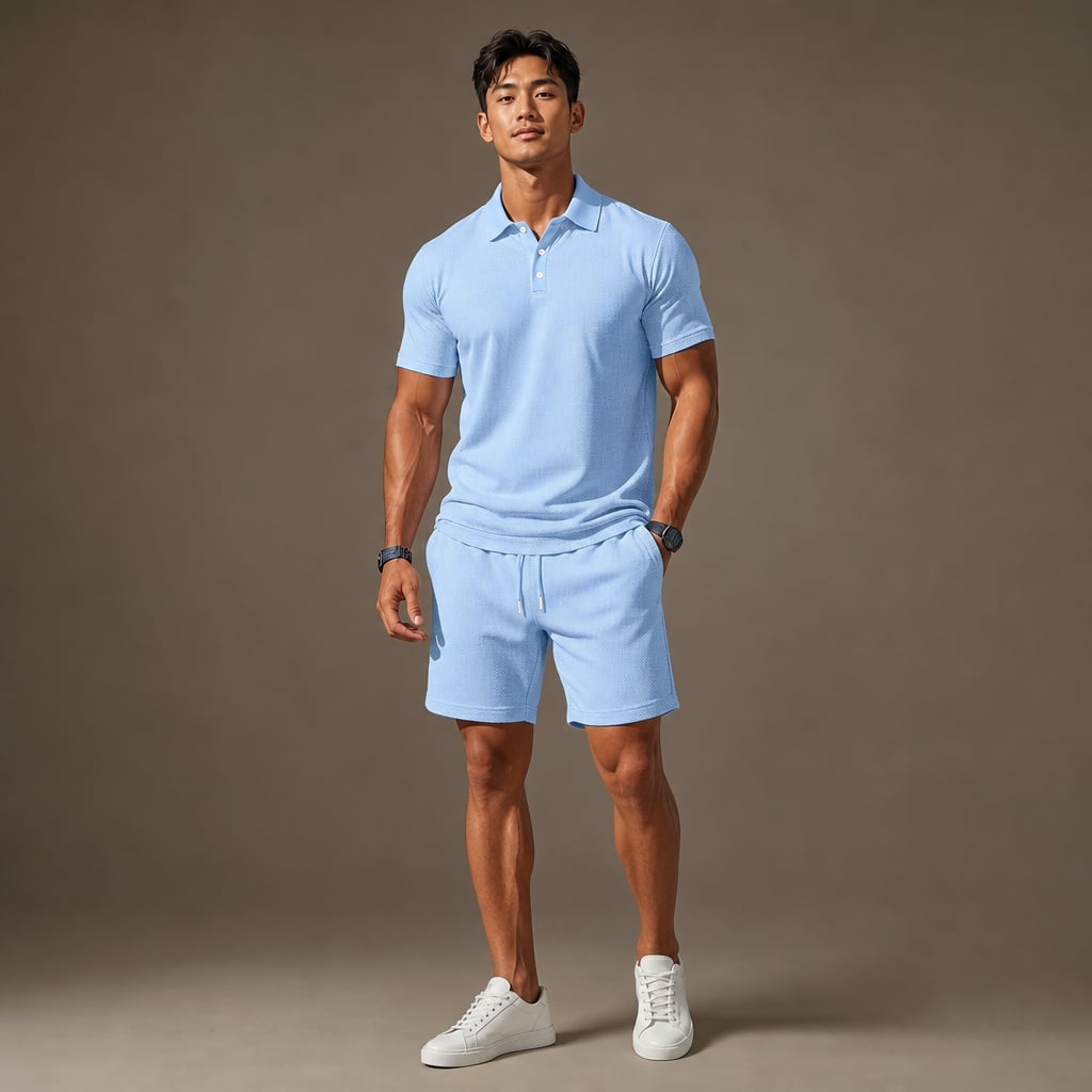Polo Shirt & Drawstring Shorts Matching Set in Black Light Blue – Product Photo