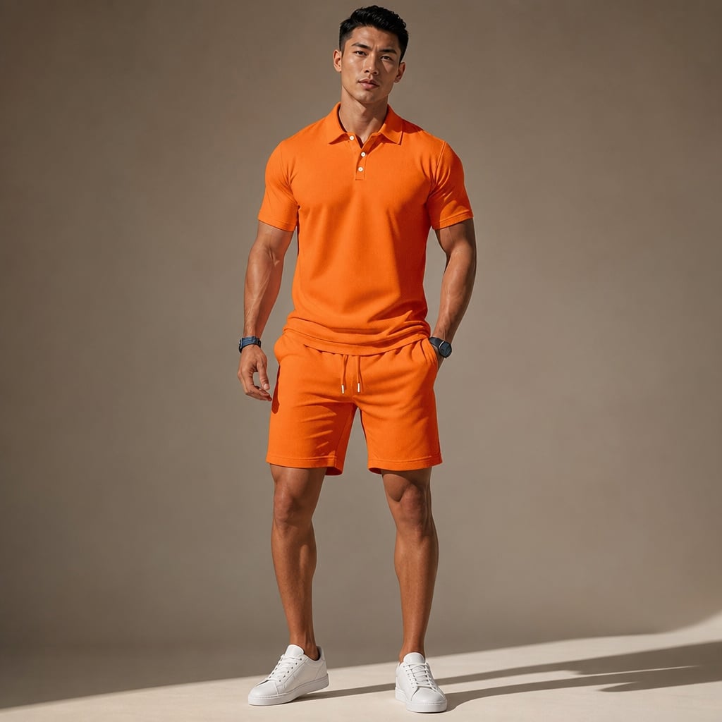 Polo Shirt & Drawstring Shorts Matching Set in Black Orange – Product Photo