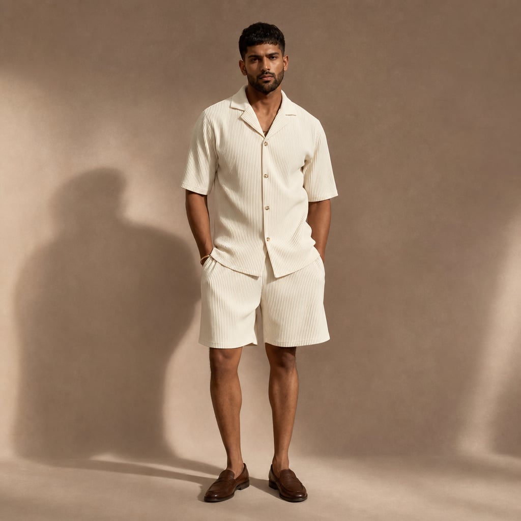 Ribbed Button Front Shirt & Shorts Matching Set in Beige in Beige – Tarlano Premium Menswear