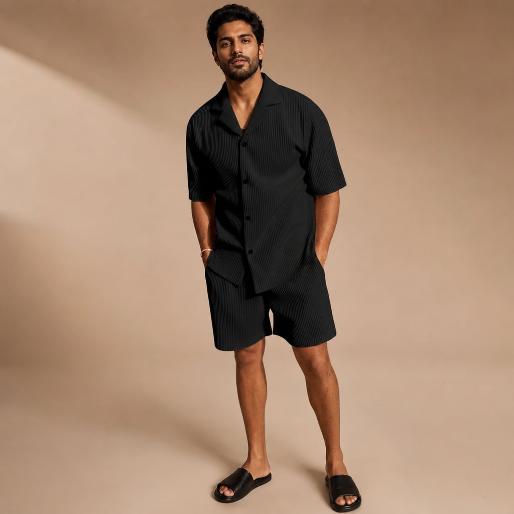 Ribbed Button Front Shirt & Shorts Matching Set in Beige Black – Product Photo