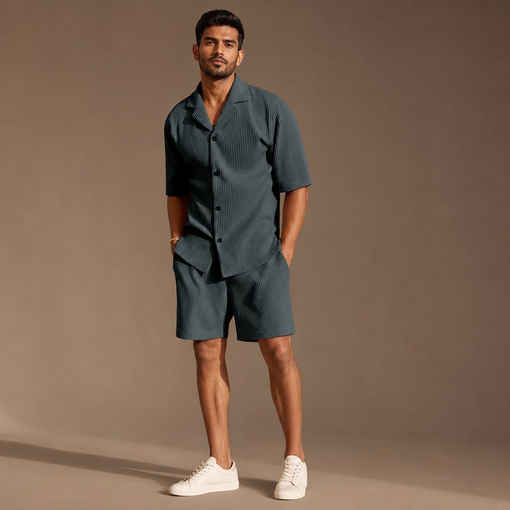 Ribbed Button Front Shirt & Shorts Matching Set in Beige Dark Grey – Product Photo