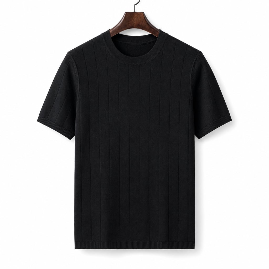 Ribbed Crew Neck Tee Slim Fit Vertical Knit Black – Product Photo
