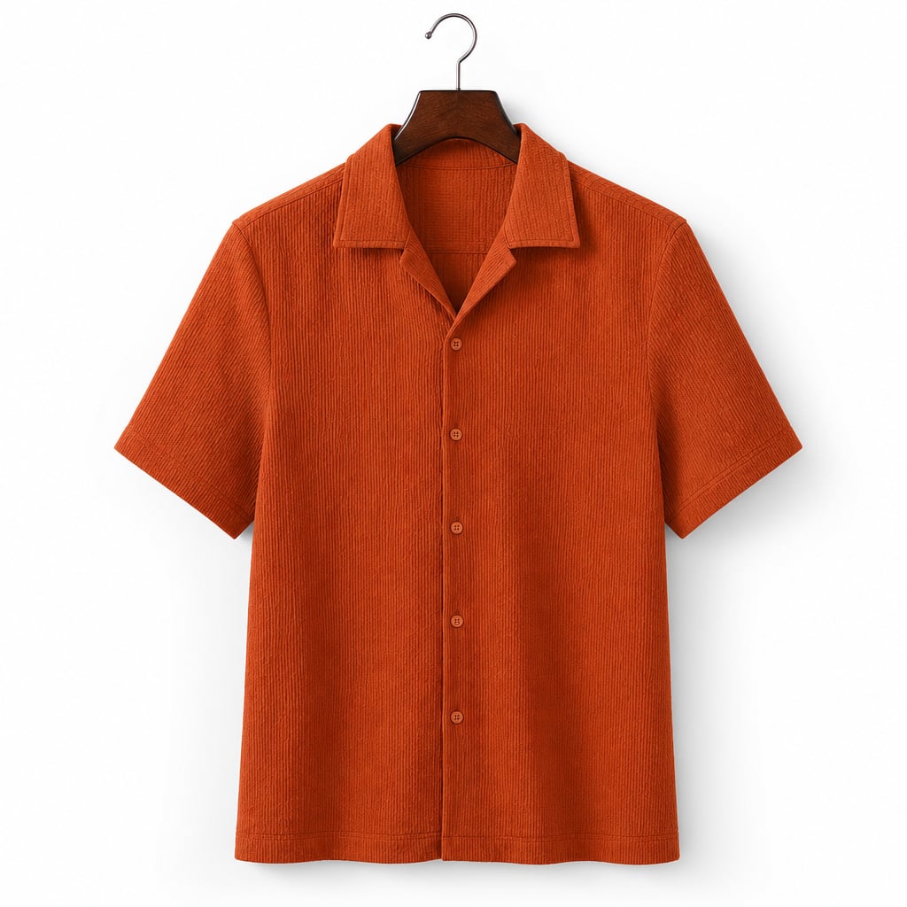 Shirt Shop Cuban Collar Textured Button-Front Short Sleeve Orange – Product Photo