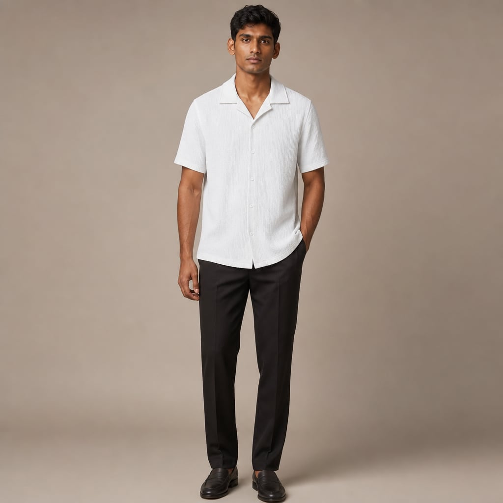 Shirt Shop Cuban Collar Textured Button-Front Short Sleeve White – Full Look