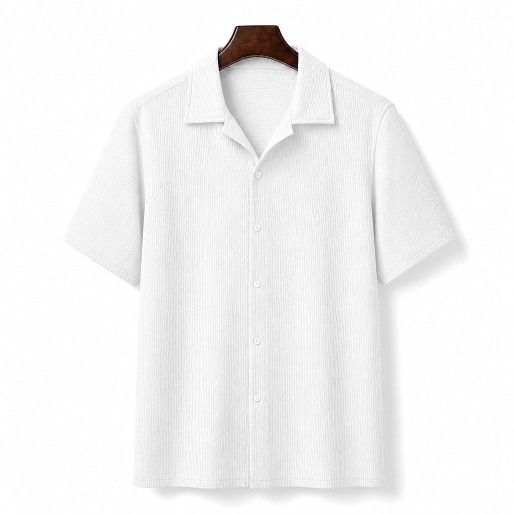 Shirt Shop Cuban Collar Textured Button-Front Short Sleeve White – Product Photo