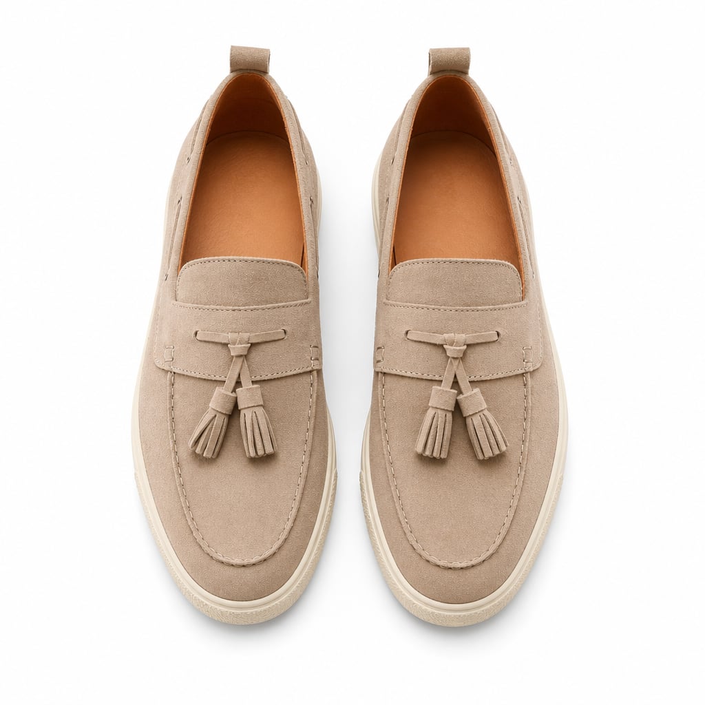 Suede Tassel Loafer Slip-On Sneaker Moc-Toe Beige – Side Angle View