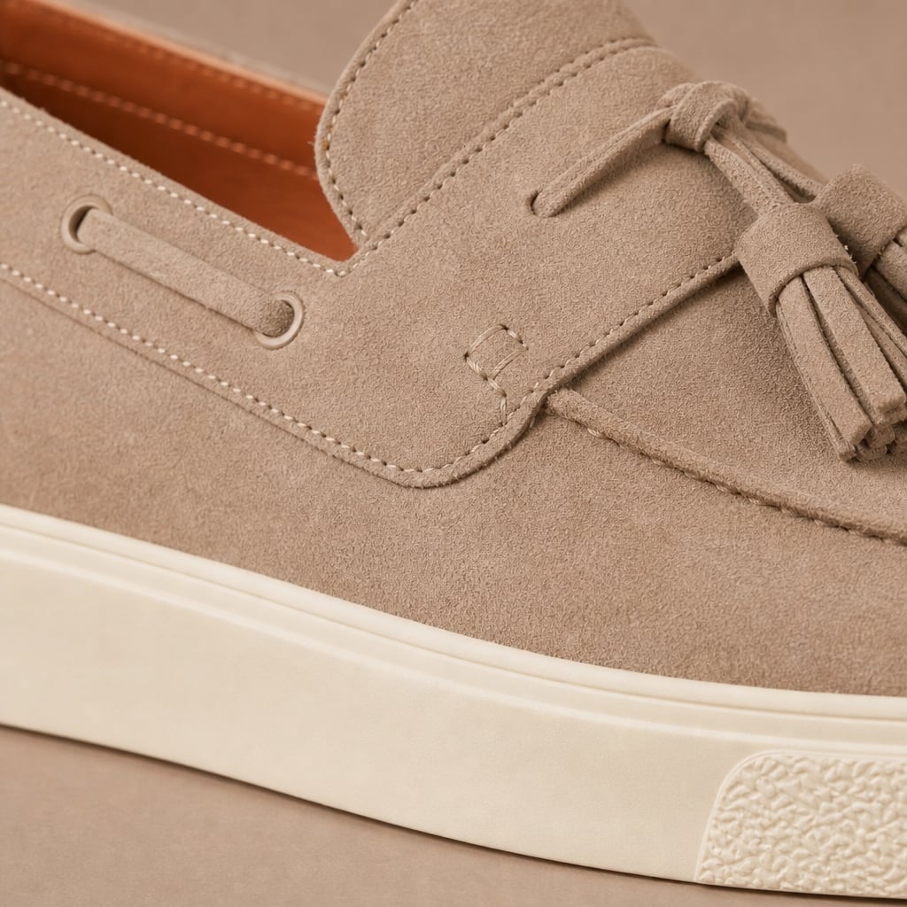 Suede Tassel Loafer Slip-On Sneaker Moc-Toe Beige – Fabric and Detail Close-Up
