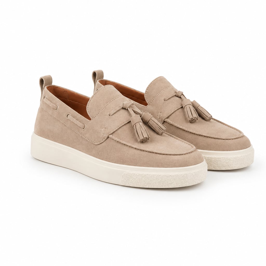Suede Tassel Loafer Slip-On Sneaker Moc-Toe Beige – Product Photo