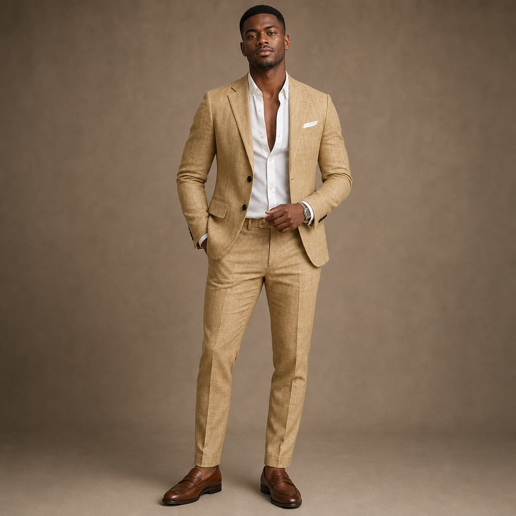 Two-Piece Blazer & Trouser Set Slim Fit Tailored Formal Khaki – Product Photo