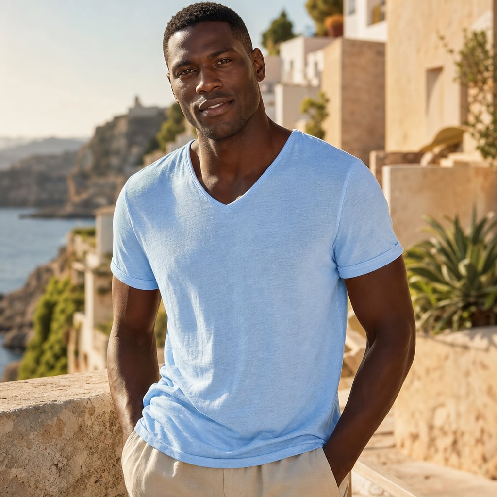 V-Neck Cotton Tee Relaxed Fit Blue – Styled Editorial Shot
