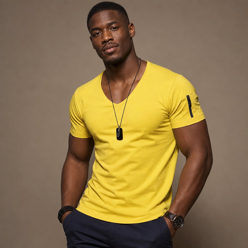 V-Neck Muscle Tee Stretch Fabric Slim Fit Yellow – Product Photo