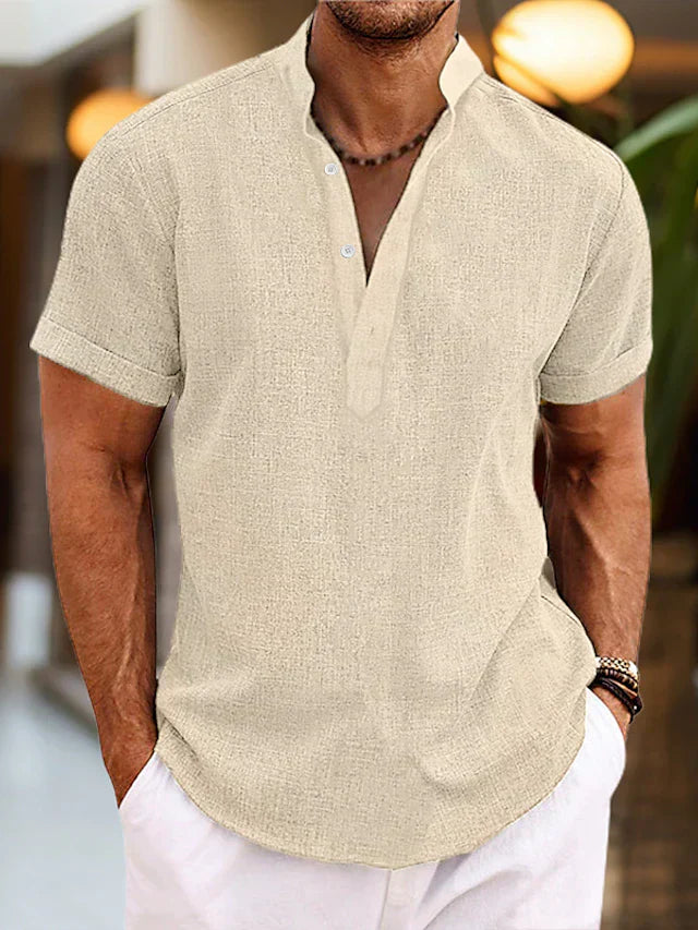 Men's Henley Short Sleeve Shirt Textured Woven Button Placket – Tallo