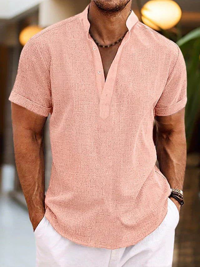 Men's Henley Short Sleeve Shirt Textured Woven Button Placket – Tallo