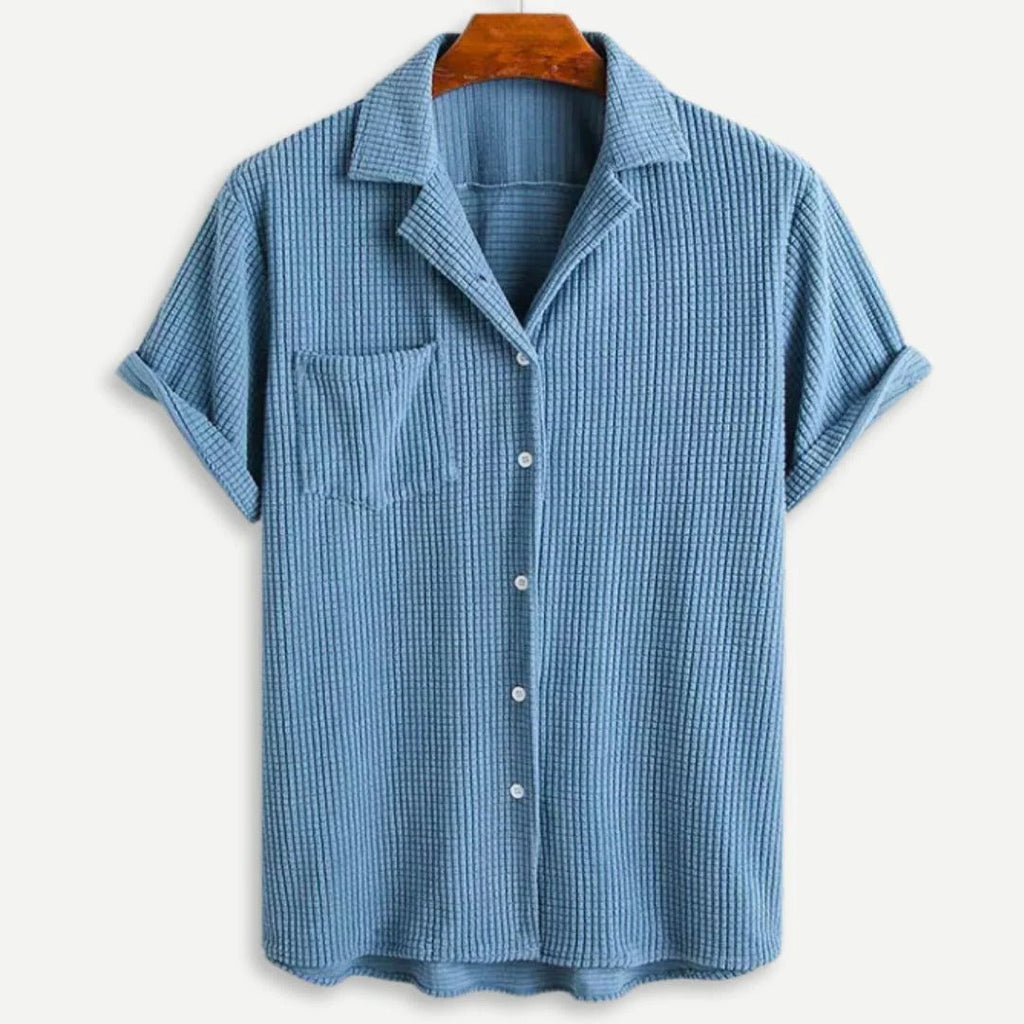 Model wearing waffle knit long sleeve button-down shirt in sage – TARLANO