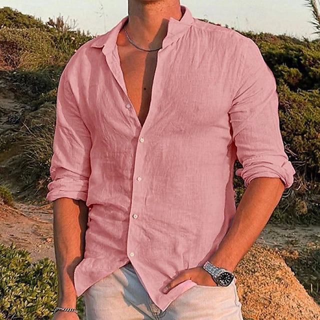 Model wearing classic linen button-up shirt in White – TARLANO